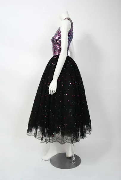 1955 Norman Norell Couture Museum Held Chantilly Lace Sequin Dress