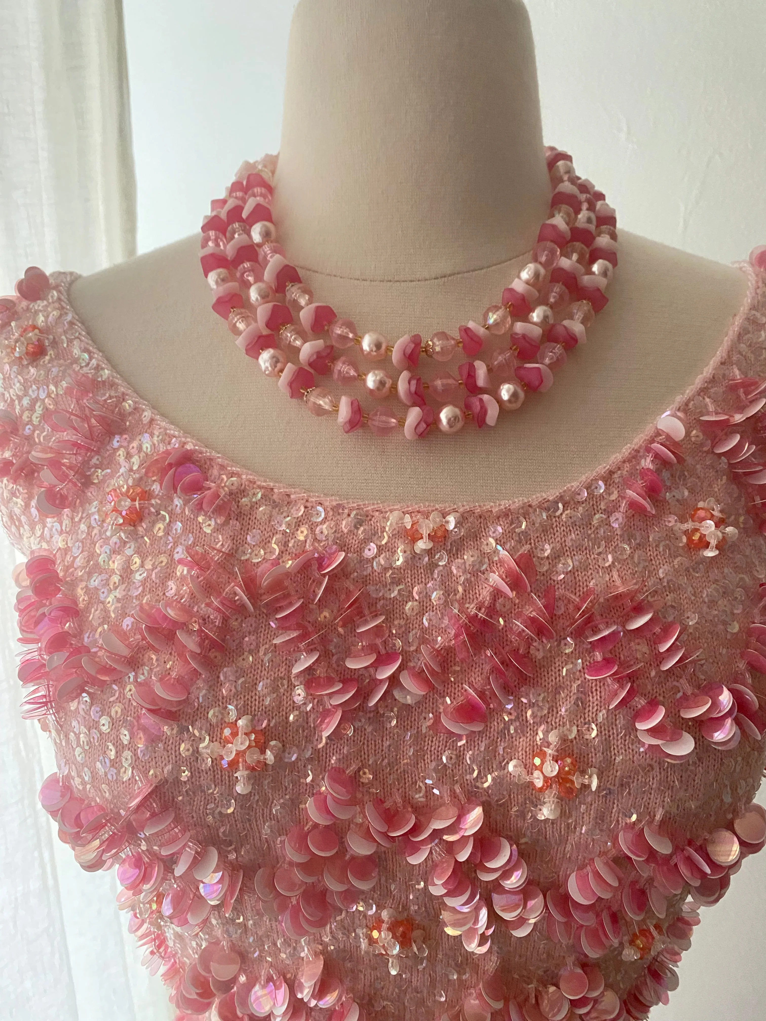 1960's Barbie Dream Dress Beaded Pink Hourglass Knit Showstopper / Medium