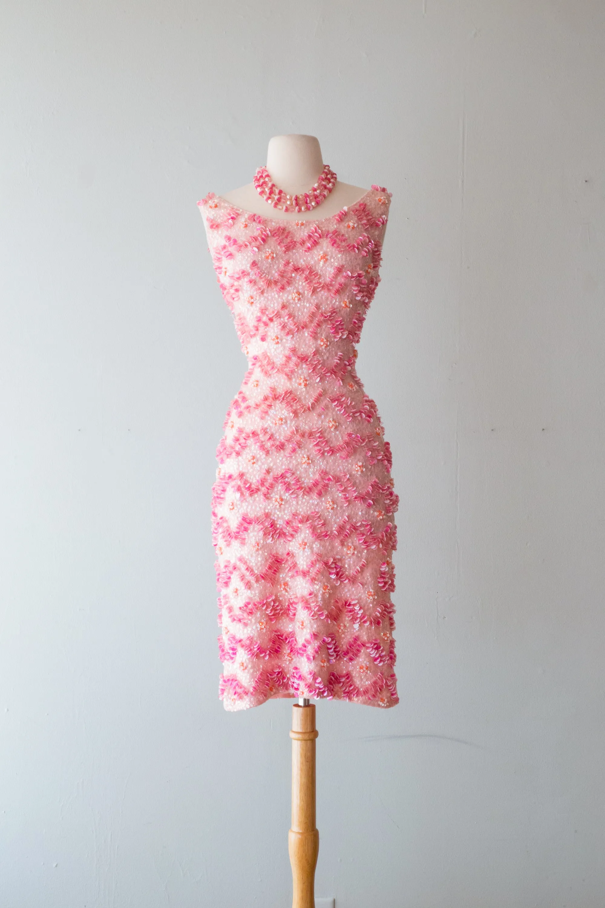 1960's Barbie Dream Dress Beaded Pink Hourglass Knit Showstopper / Medium