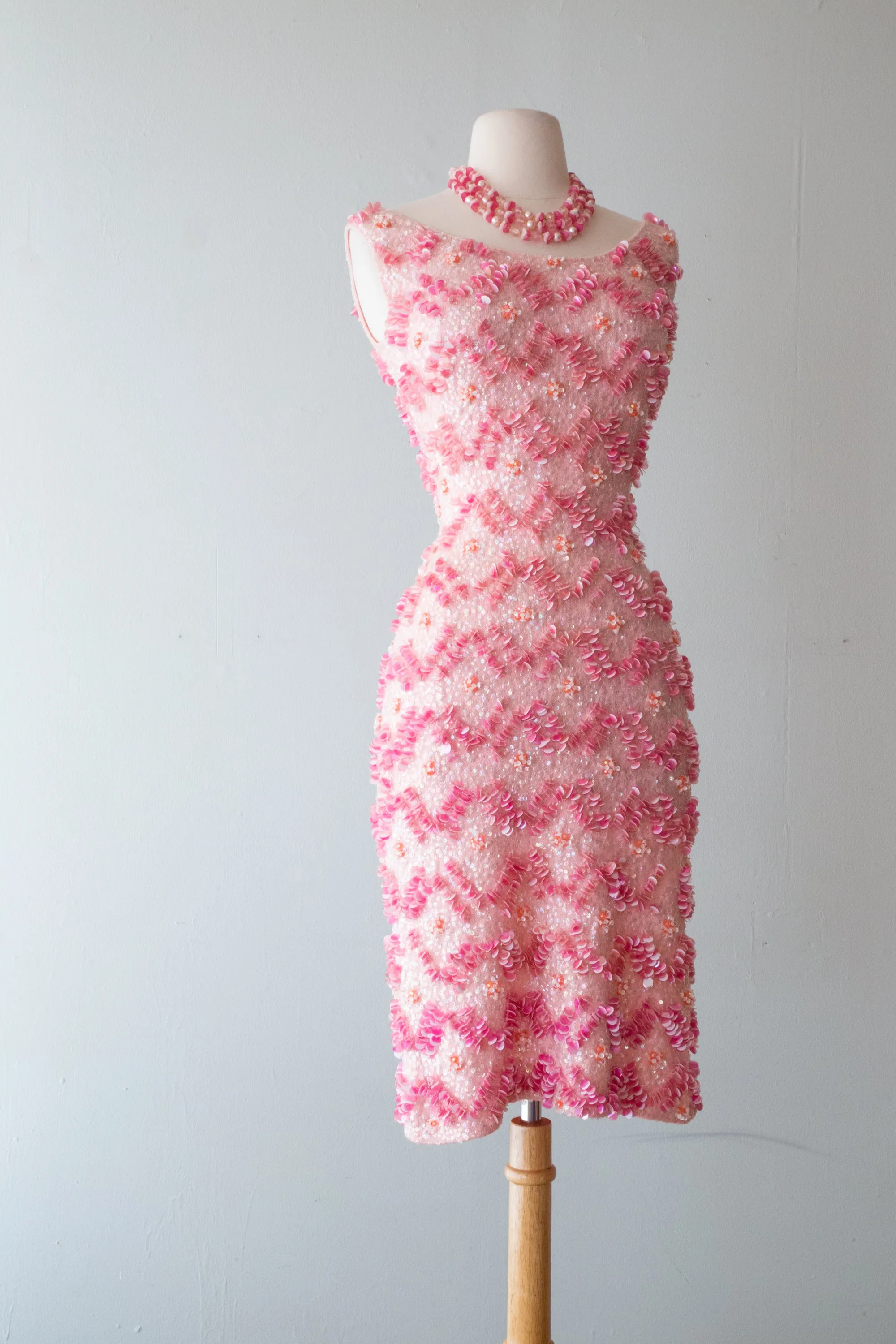 1960's Barbie Dream Dress Beaded Pink Hourglass Knit Showstopper / Medium