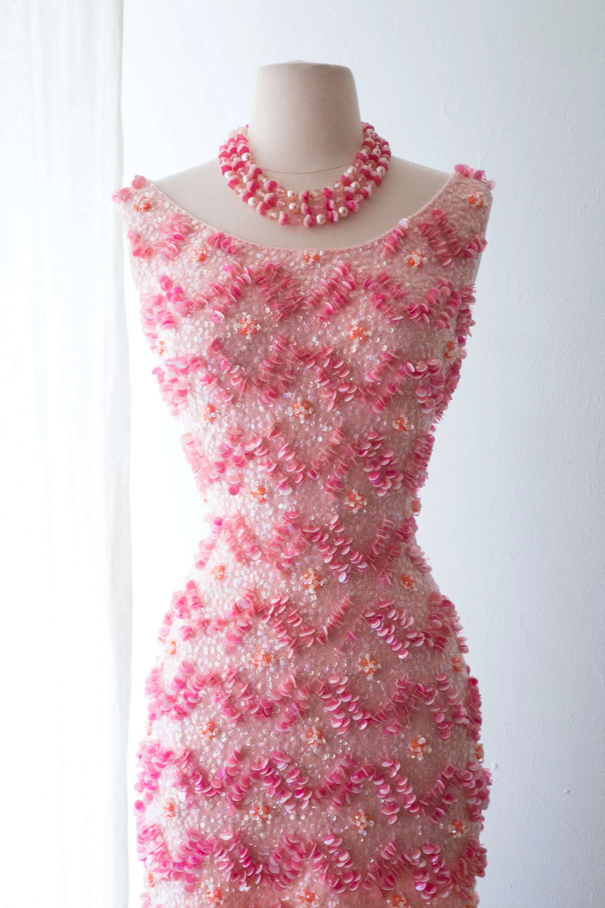 1960's Barbie Dream Dress Beaded Pink Hourglass Knit Showstopper / Medium