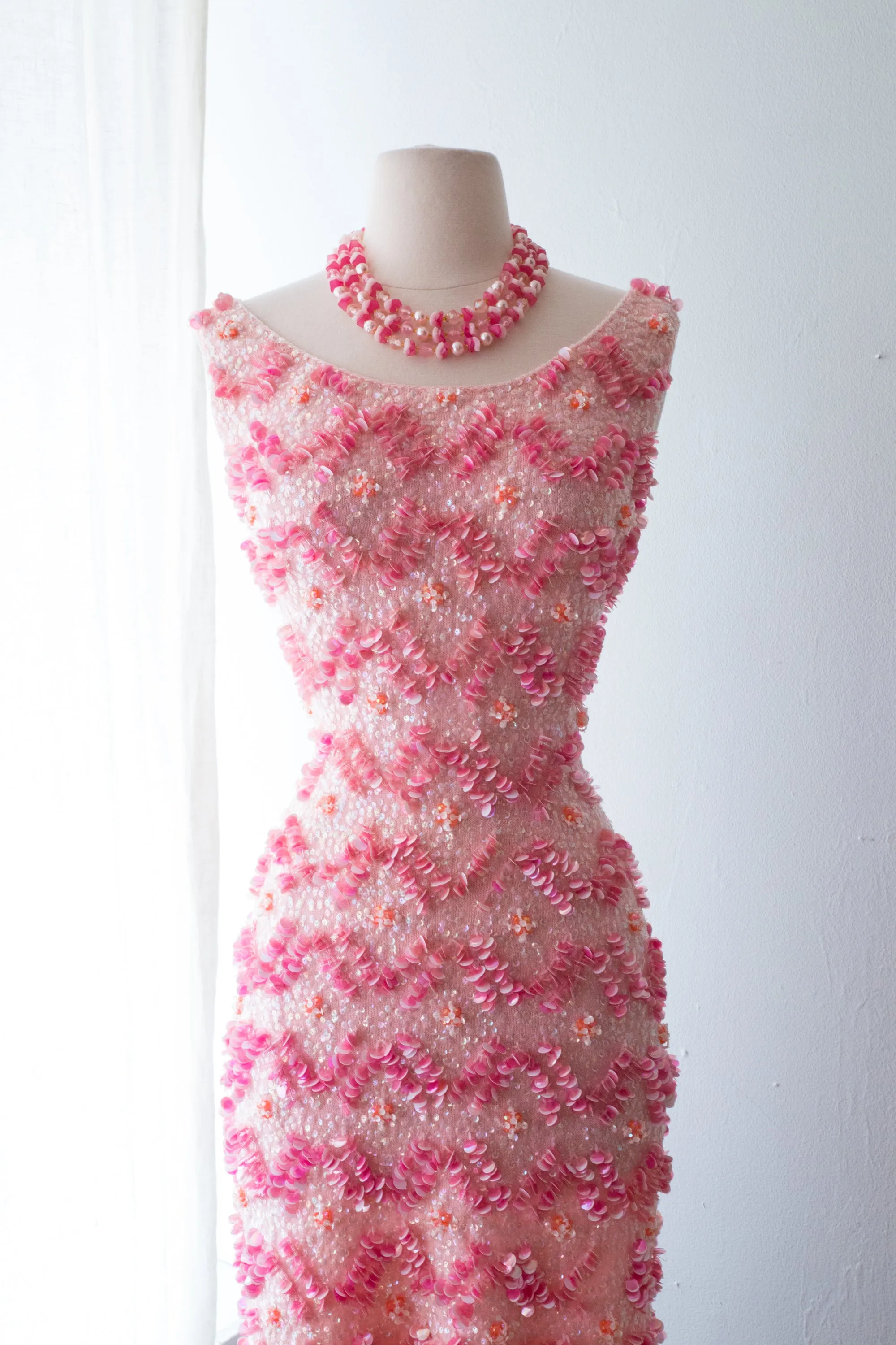 1960's Barbie Dream Dress Beaded Pink Hourglass Knit Showstopper / Medium