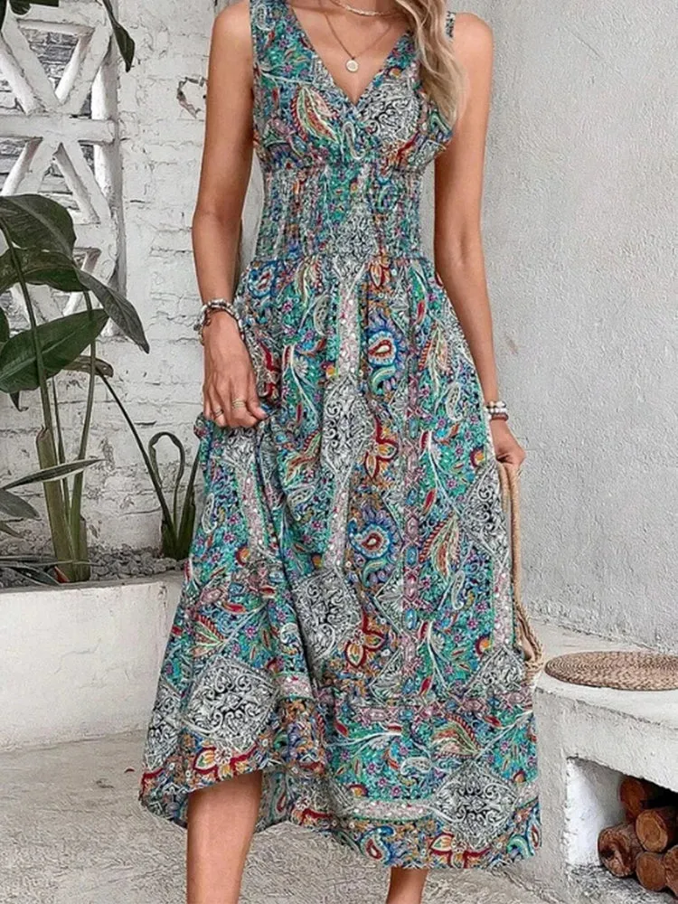 2024 Elegant Bohemia Printed Sleeveless High Waist Summer Long Boho Dress