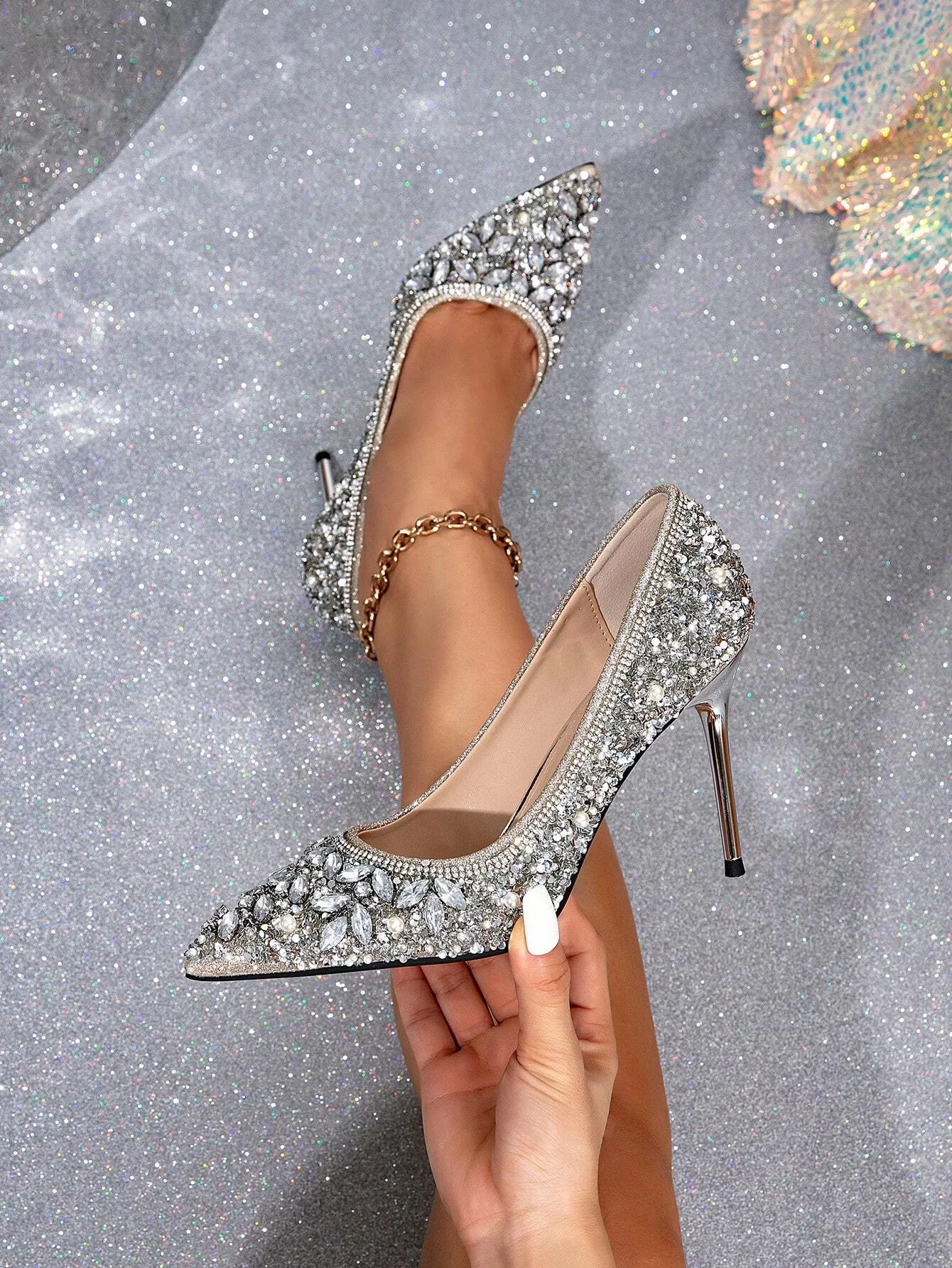 2024 New Pearl & Crystal Pointed Toe High Heel Shoes, Women Sexy Stilettos Silver Color Party Wedding Bridesmaid Pumps,