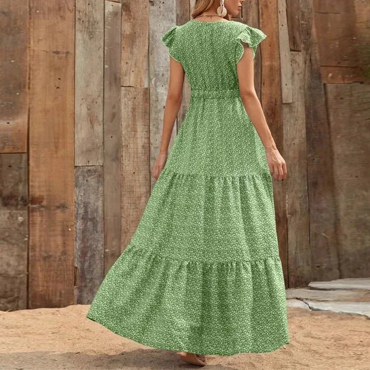 2024 V Neck Bohemian Patchwork Ruffles Maxi Dress Boho Dress