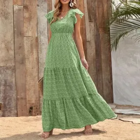 2024 V Neck Bohemian Patchwork Ruffles Maxi Dress Boho Dress