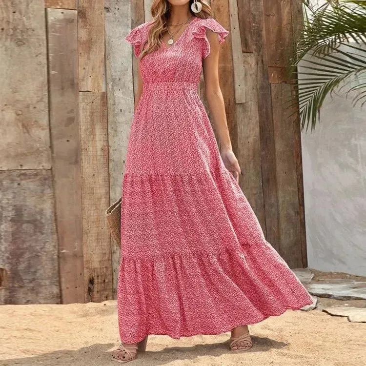 2024 V Neck Bohemian Patchwork Ruffles Maxi Dress Boho Dress