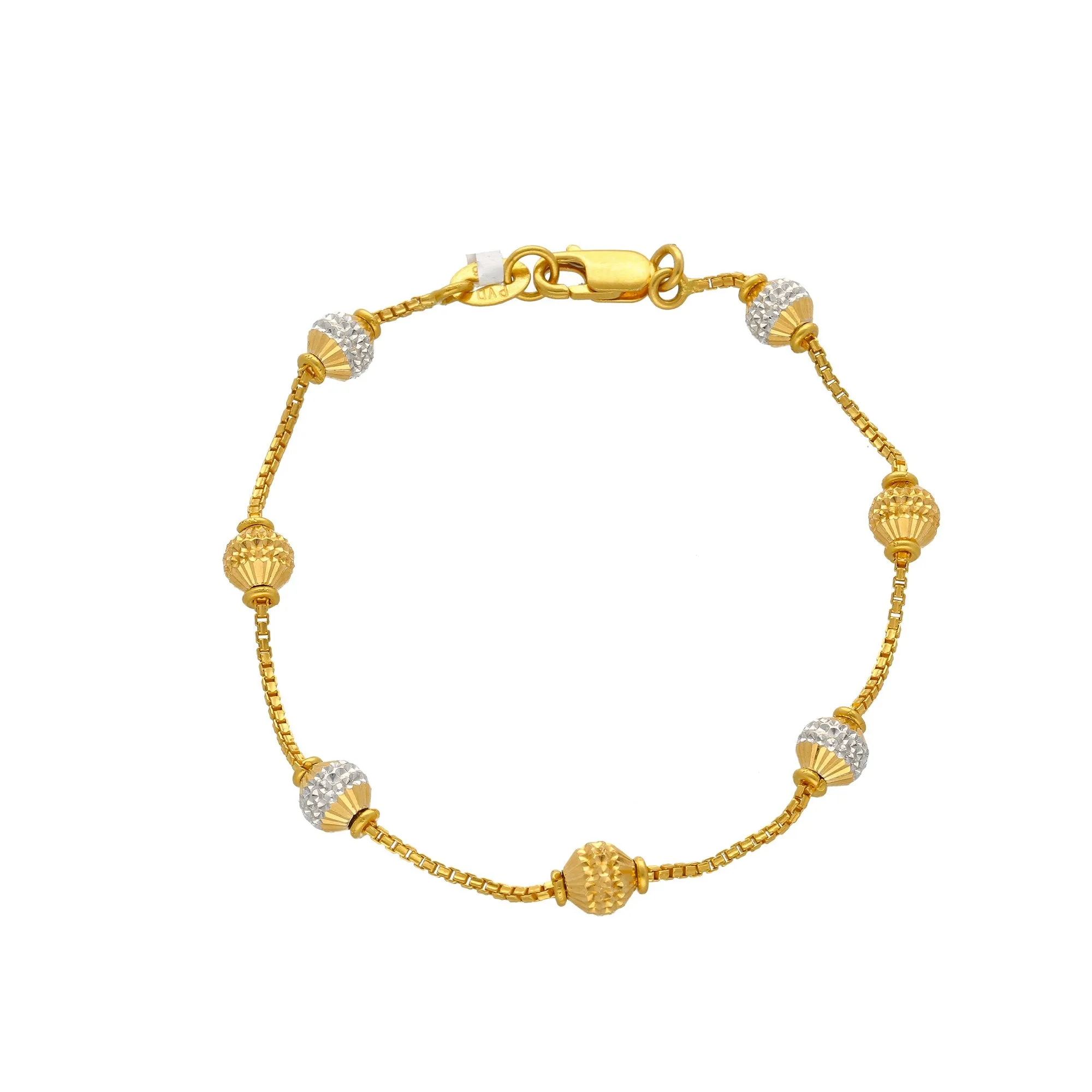 22K Multi Tone Gold Bracelet W/ Boxlink Chain & Accent Spindle Beads