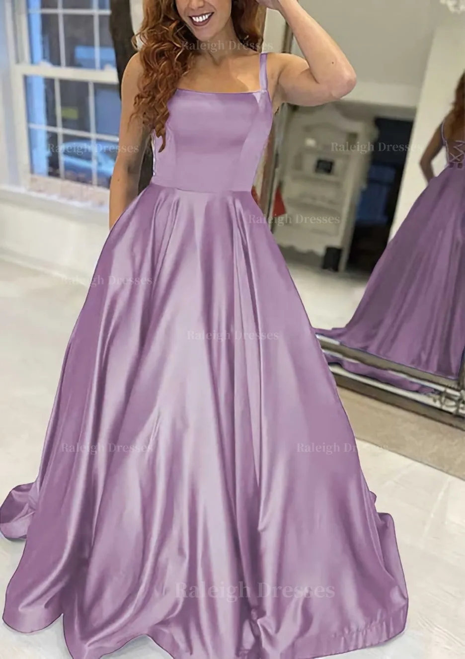 A-line Square Neckline Sleeveless Sweep Train Satin Prom Dress With Pockets