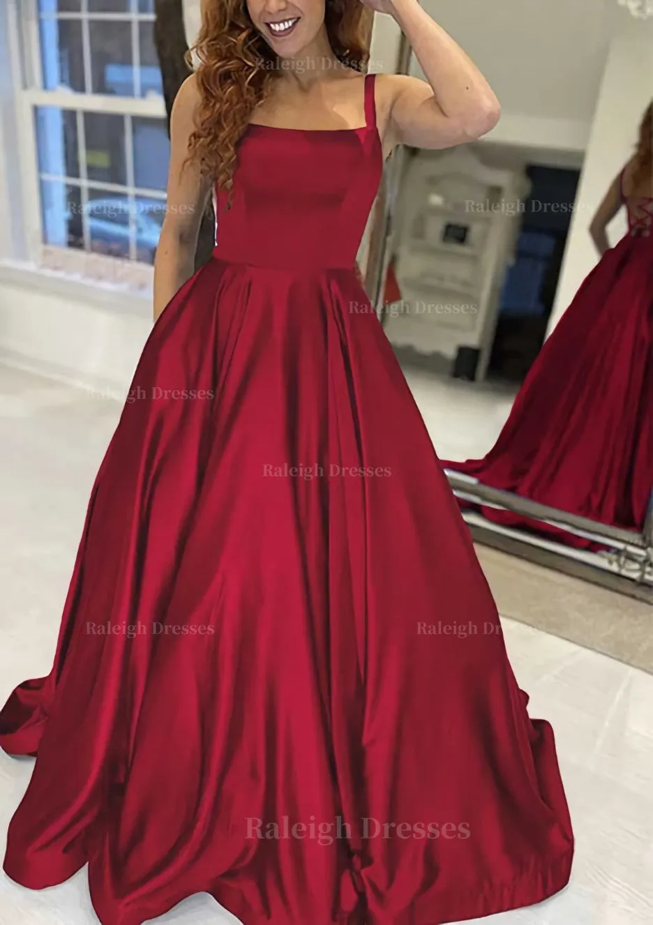 A-line Square Neckline Sleeveless Sweep Train Satin Prom Dress With Pockets