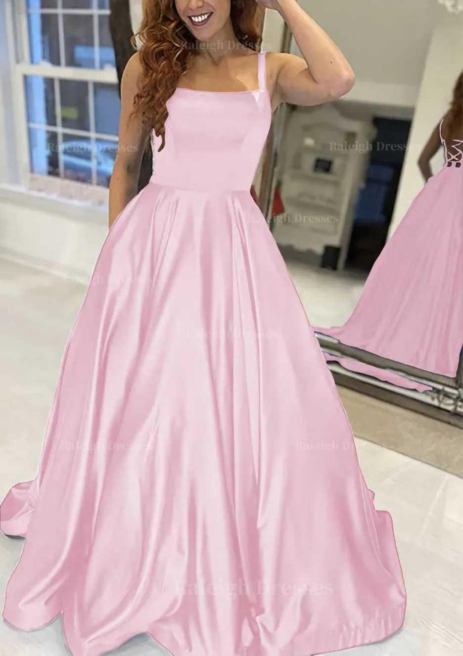 A-line Square Neckline Sleeveless Sweep Train Satin Prom Dress With Pockets