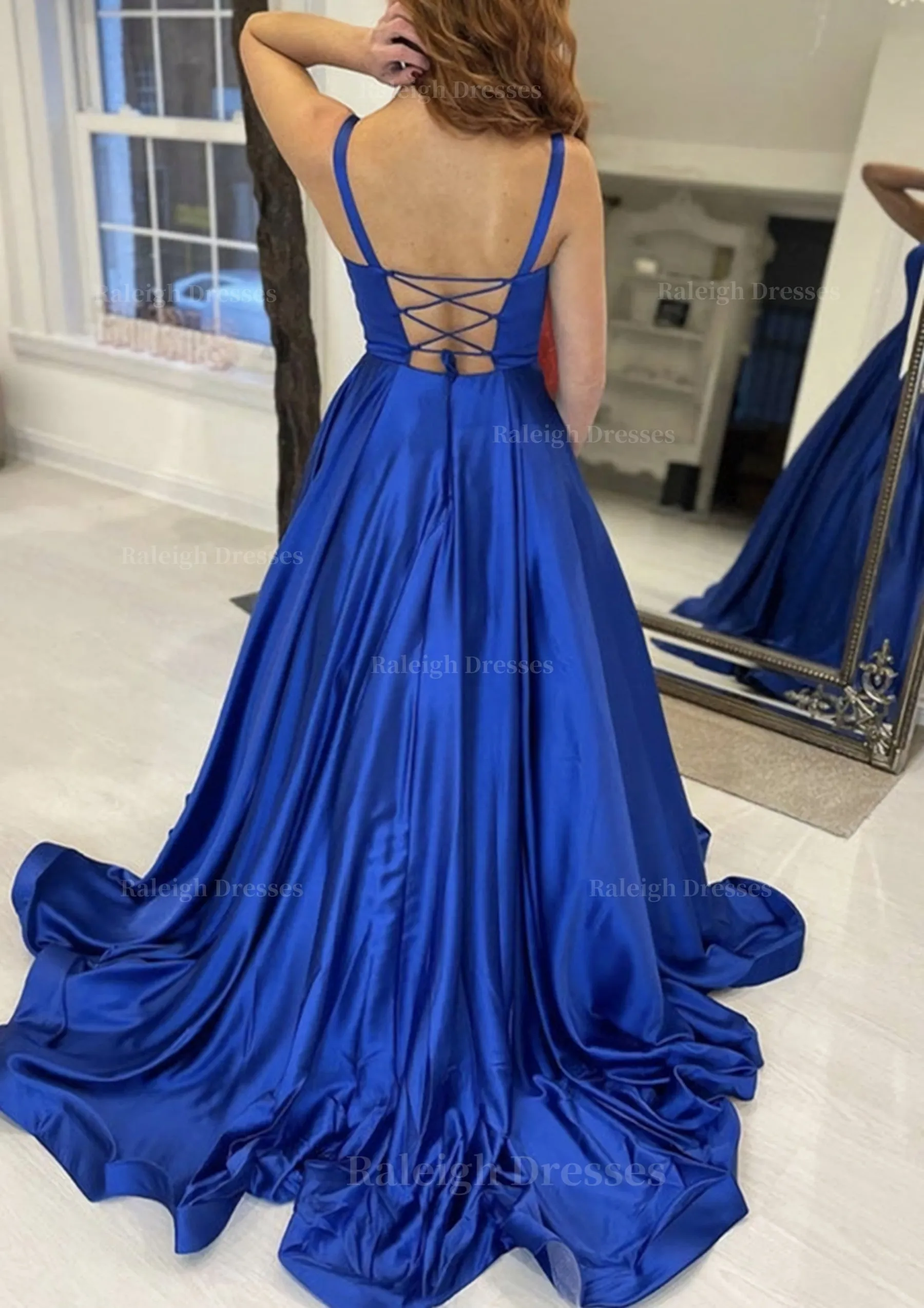 A-line Square Neckline Sleeveless Sweep Train Satin Prom Dress With Pockets