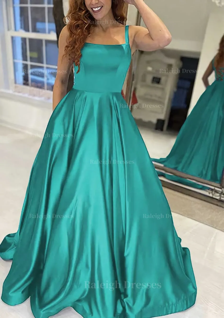 A-line Square Neckline Sleeveless Sweep Train Satin Prom Dress With Pockets