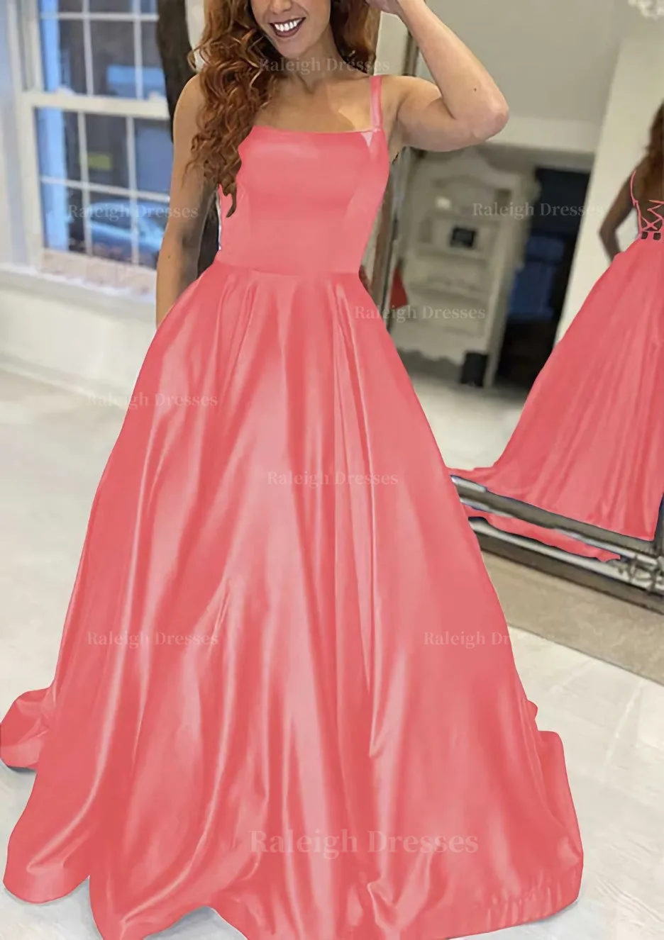 A-line Square Neckline Sleeveless Sweep Train Satin Prom Dress With Pockets