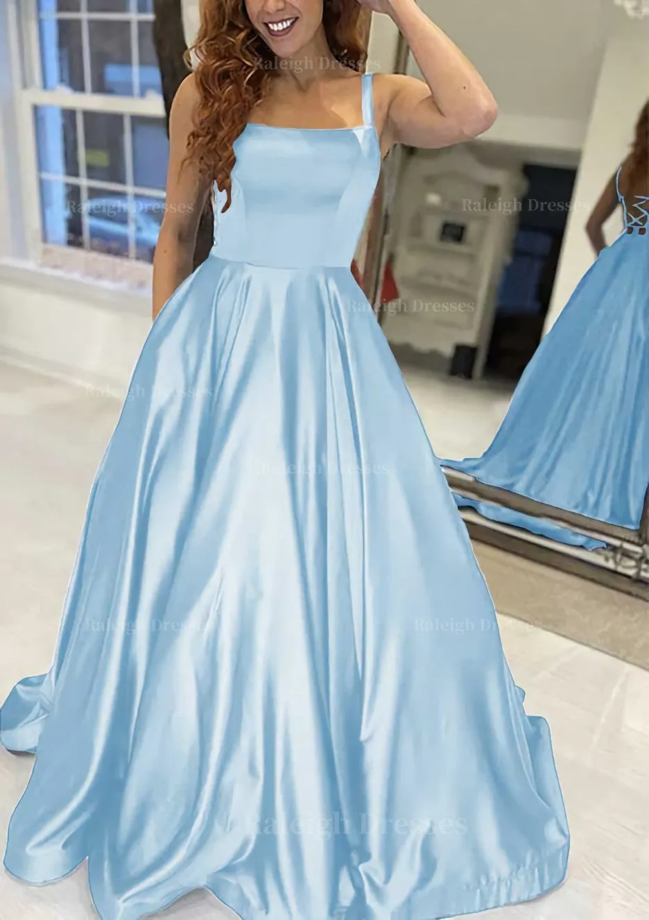 A-line Square Neckline Sleeveless Sweep Train Satin Prom Dress With Pockets