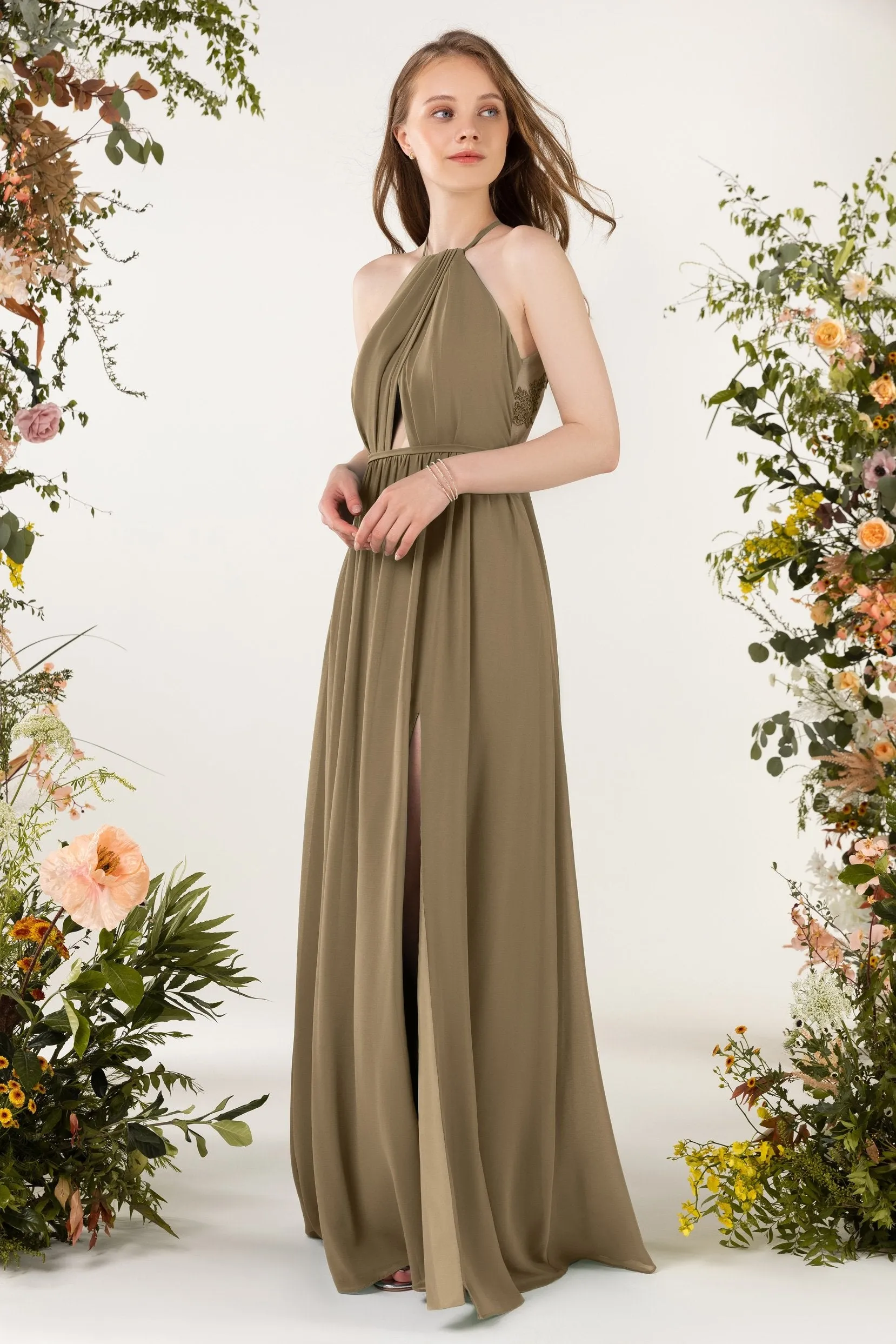 A-Line Sweep-Brush Train Chiffon Bridesmaid Dress CB0451