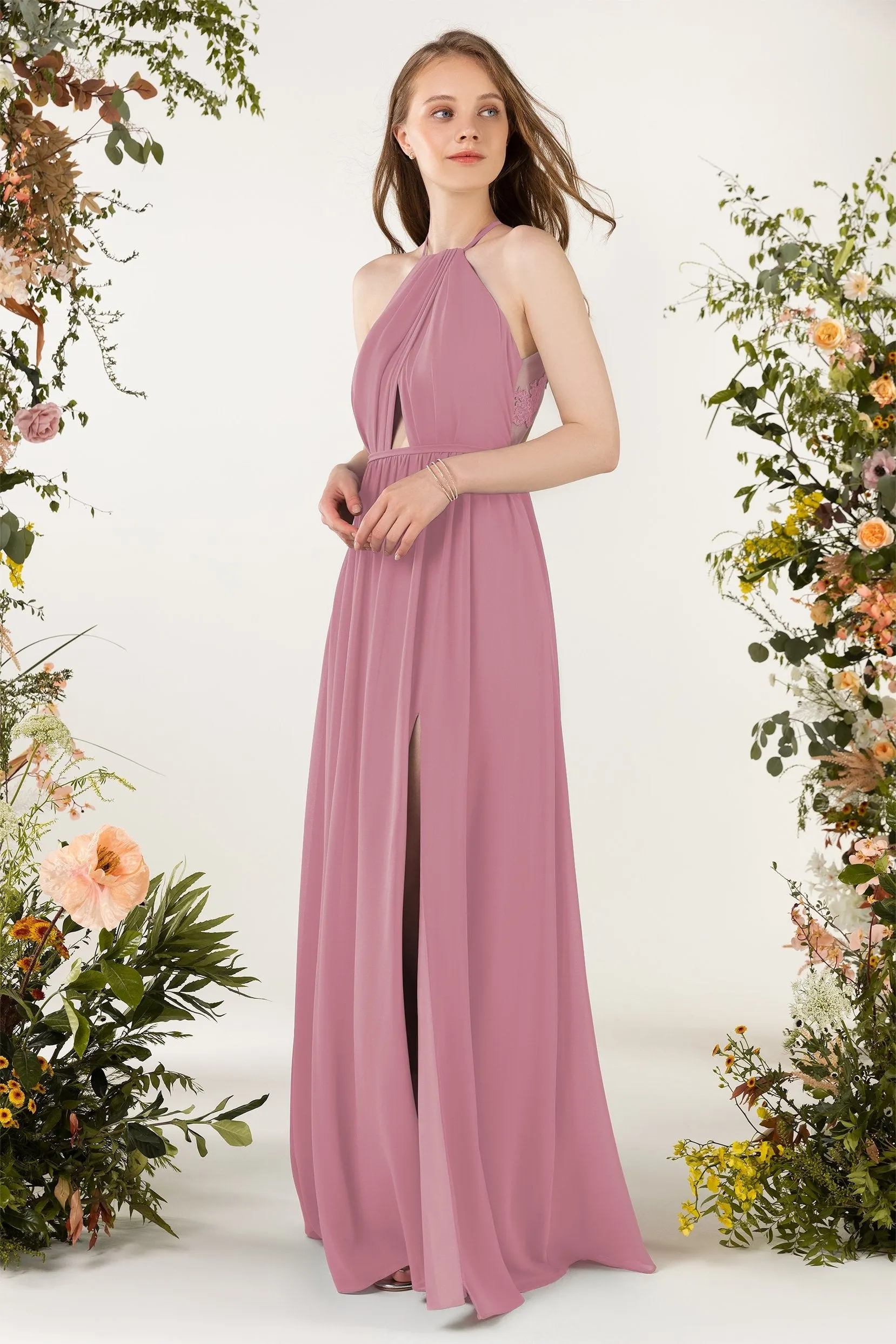 A-Line Sweep-Brush Train Chiffon Bridesmaid Dress CB0451