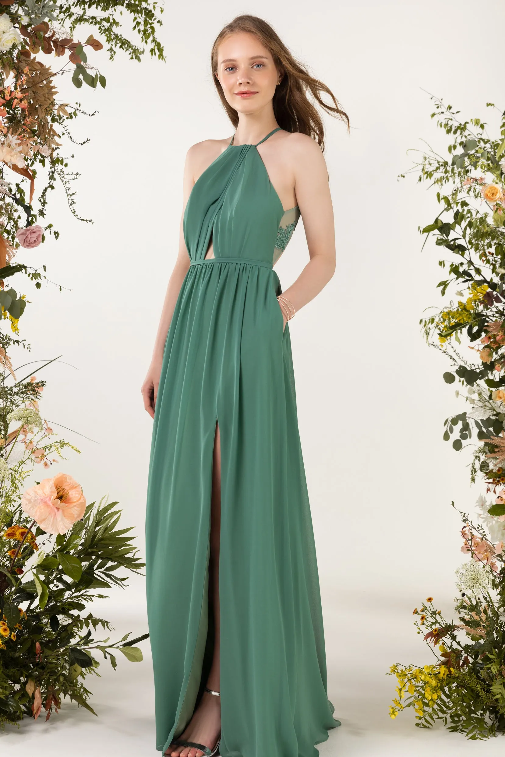 A-Line Sweep-Brush Train Chiffon Bridesmaid Dress CB0451