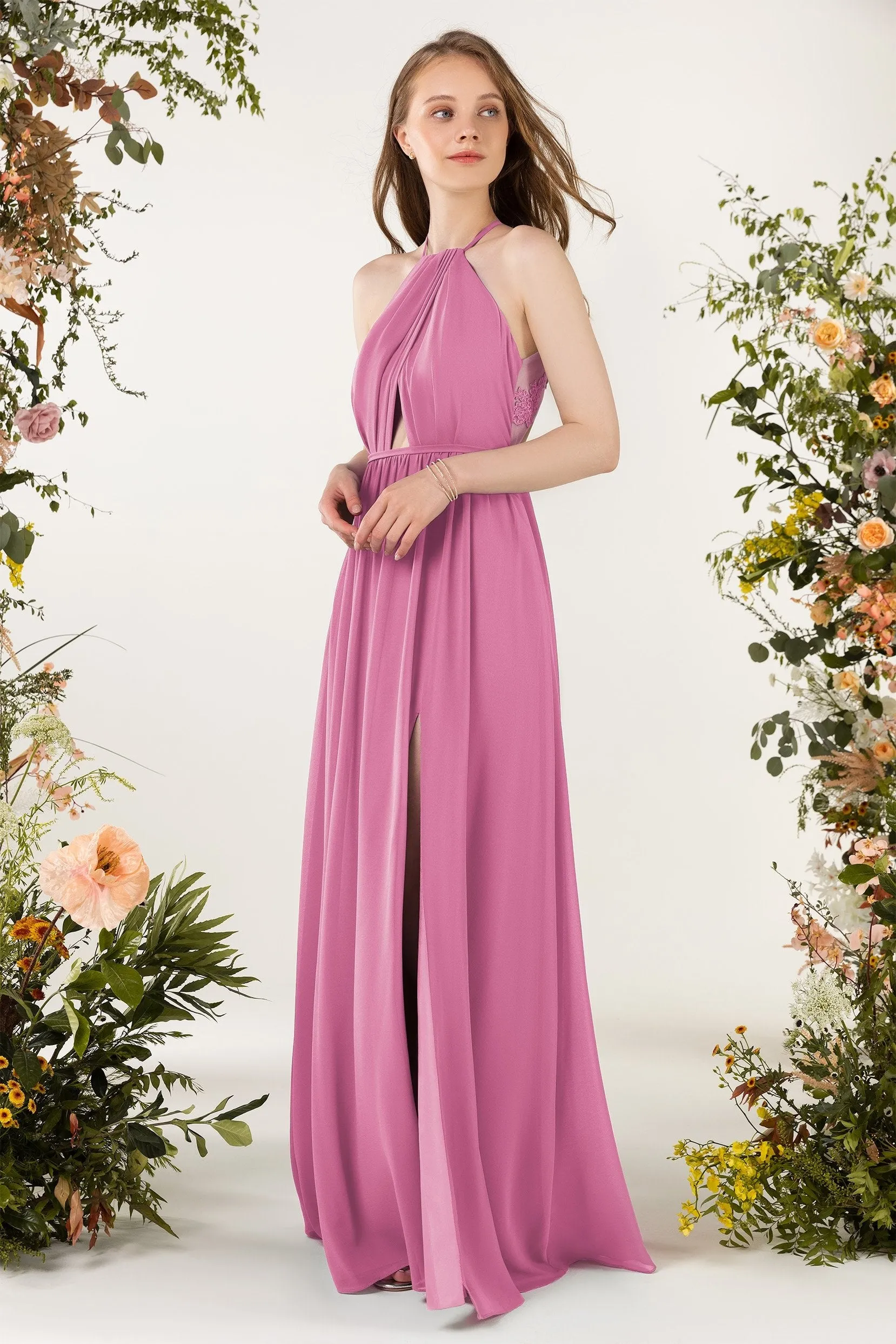 A-Line Sweep-Brush Train Chiffon Bridesmaid Dress CB0451