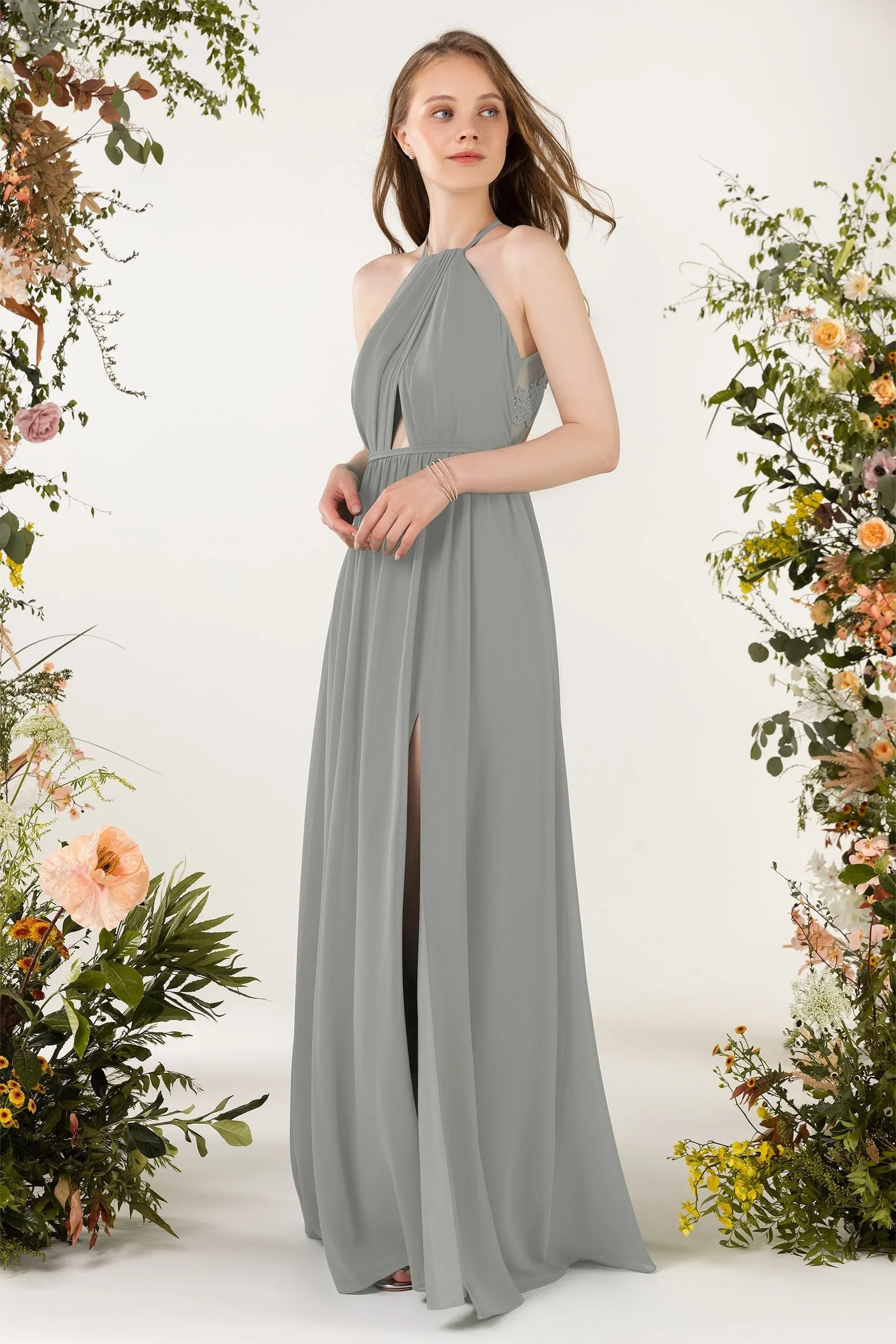 A-Line Sweep-Brush Train Chiffon Bridesmaid Dress CB0451