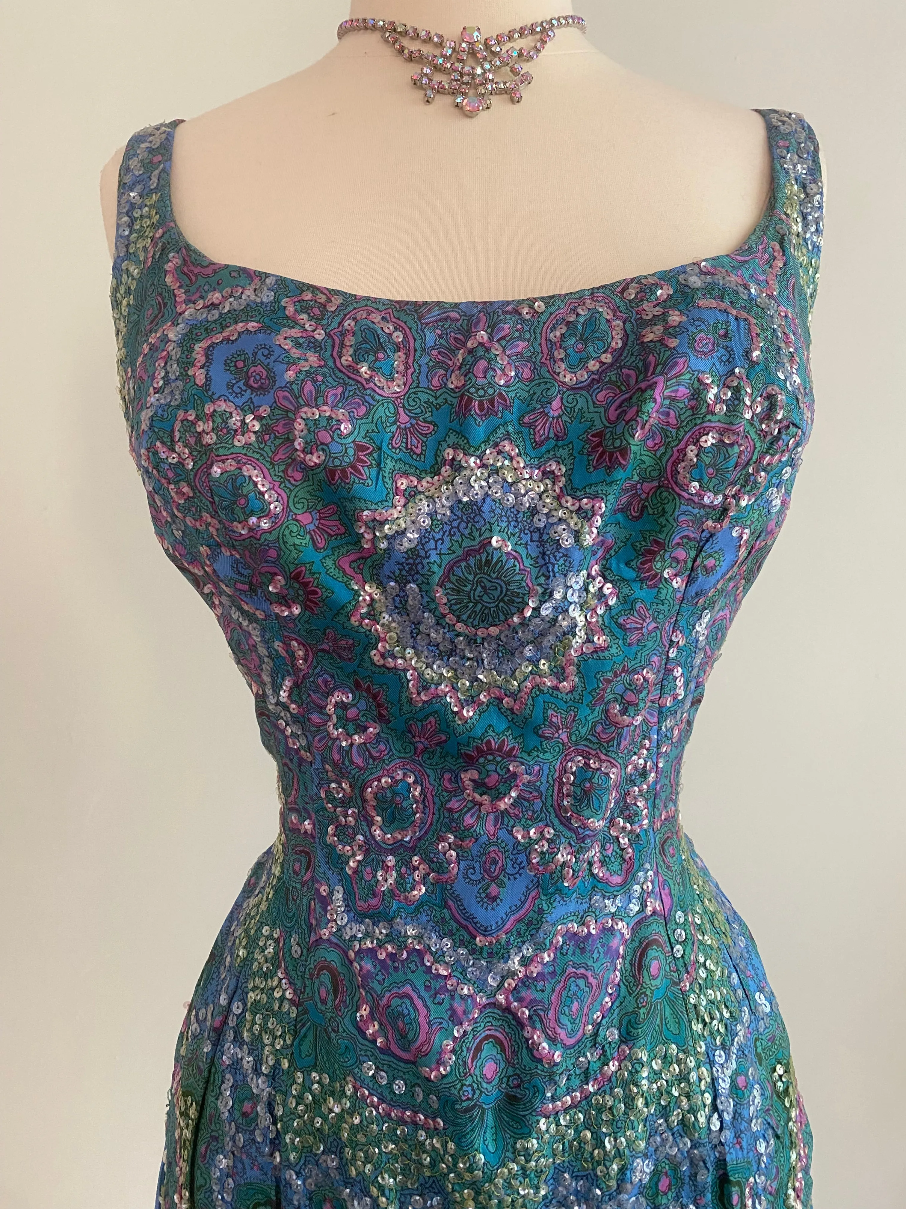 Absolutely Fabulous Early 1960's Kaleidoscope Silk Sequined Party Dress / SM