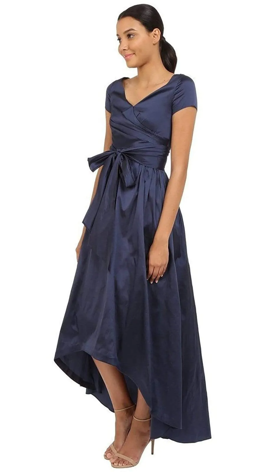 Adrianna Papell V-Neck Ruched Taffeta High-Low Dress 81917430 - 1 pc Navy in Size 8 Available