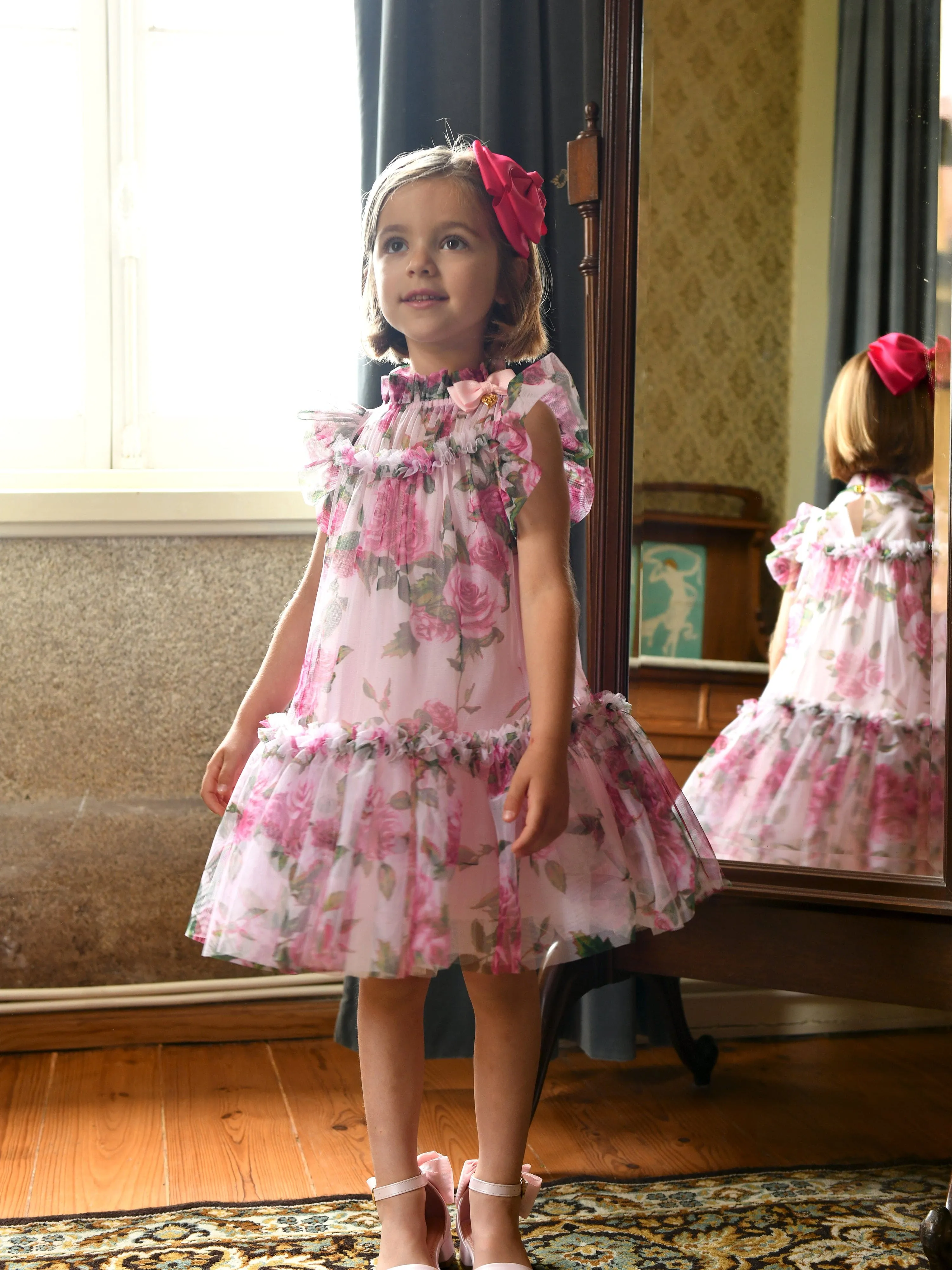 Angels Face Girls Marigold Roses Tulle Dress in Pink