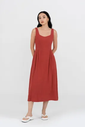 Aurelia Pleated Midi Dress in Terracota Red