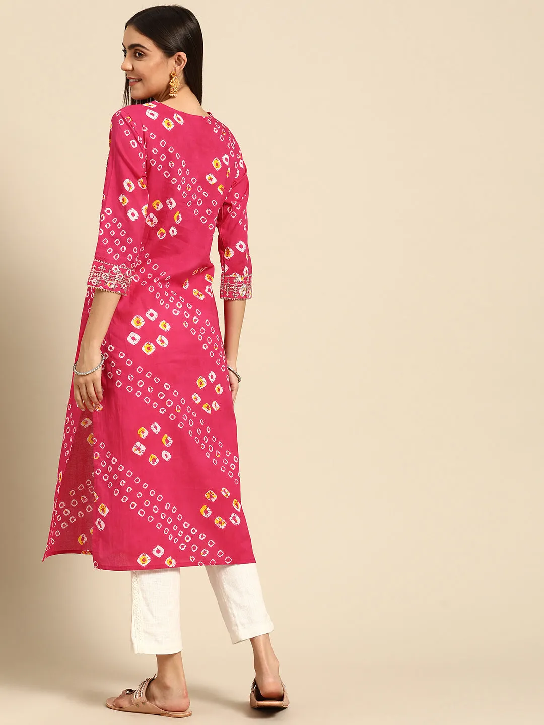 Bandhani Print & Sequins Embroidered Straight Kurta - Pink