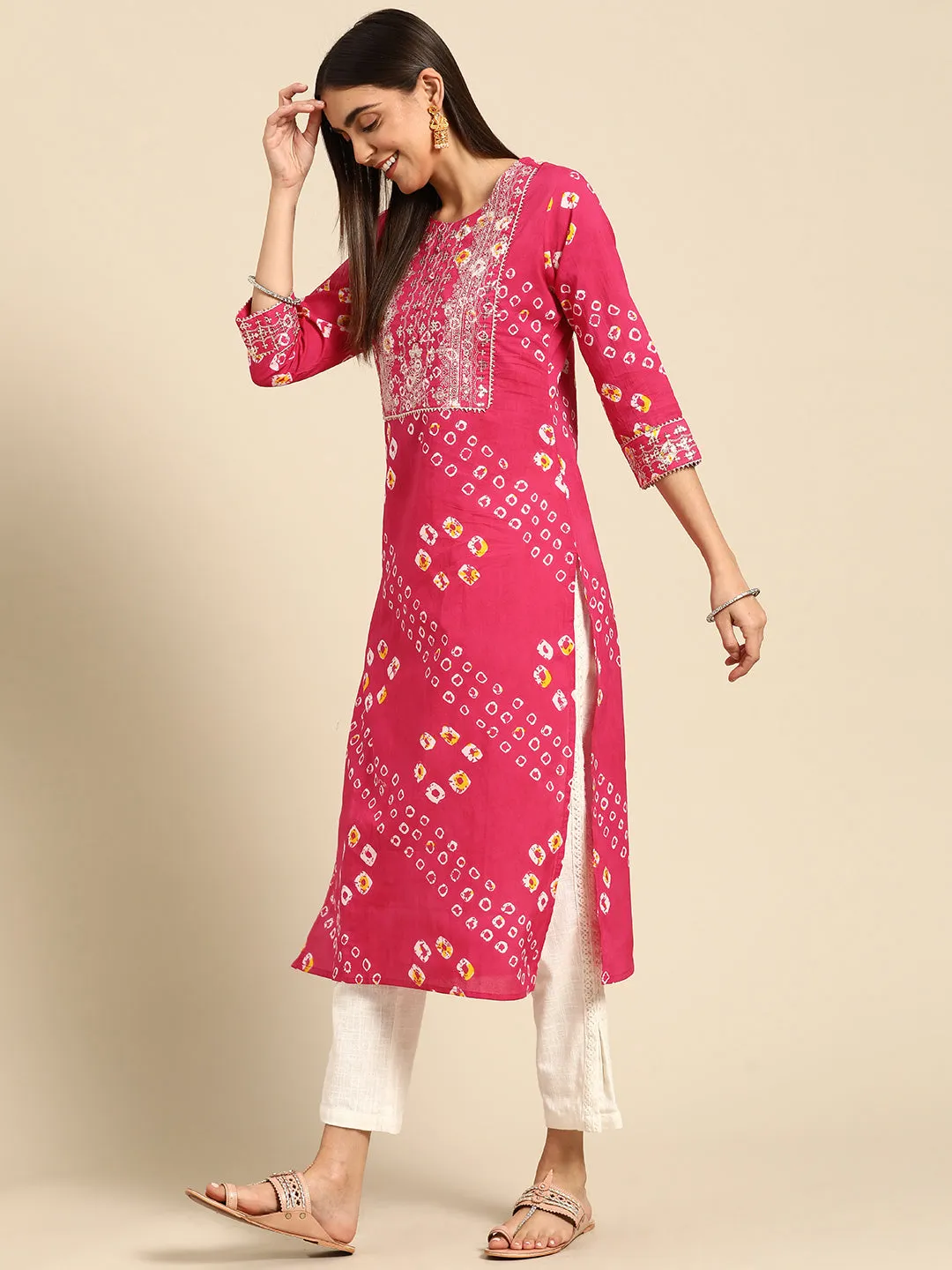 Bandhani Print & Sequins Embroidered Straight Kurta - Pink