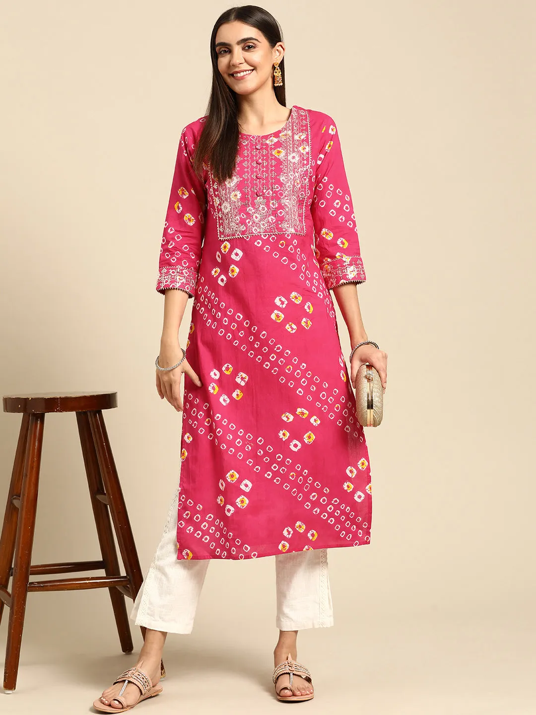 Bandhani Print & Sequins Embroidered Straight Kurta - Pink