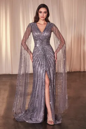 Beaded Cape Sleeve Slit Gown by Ladivine CD0239