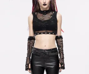 Black Fishnet Layered Crop Top w/ Glove Set