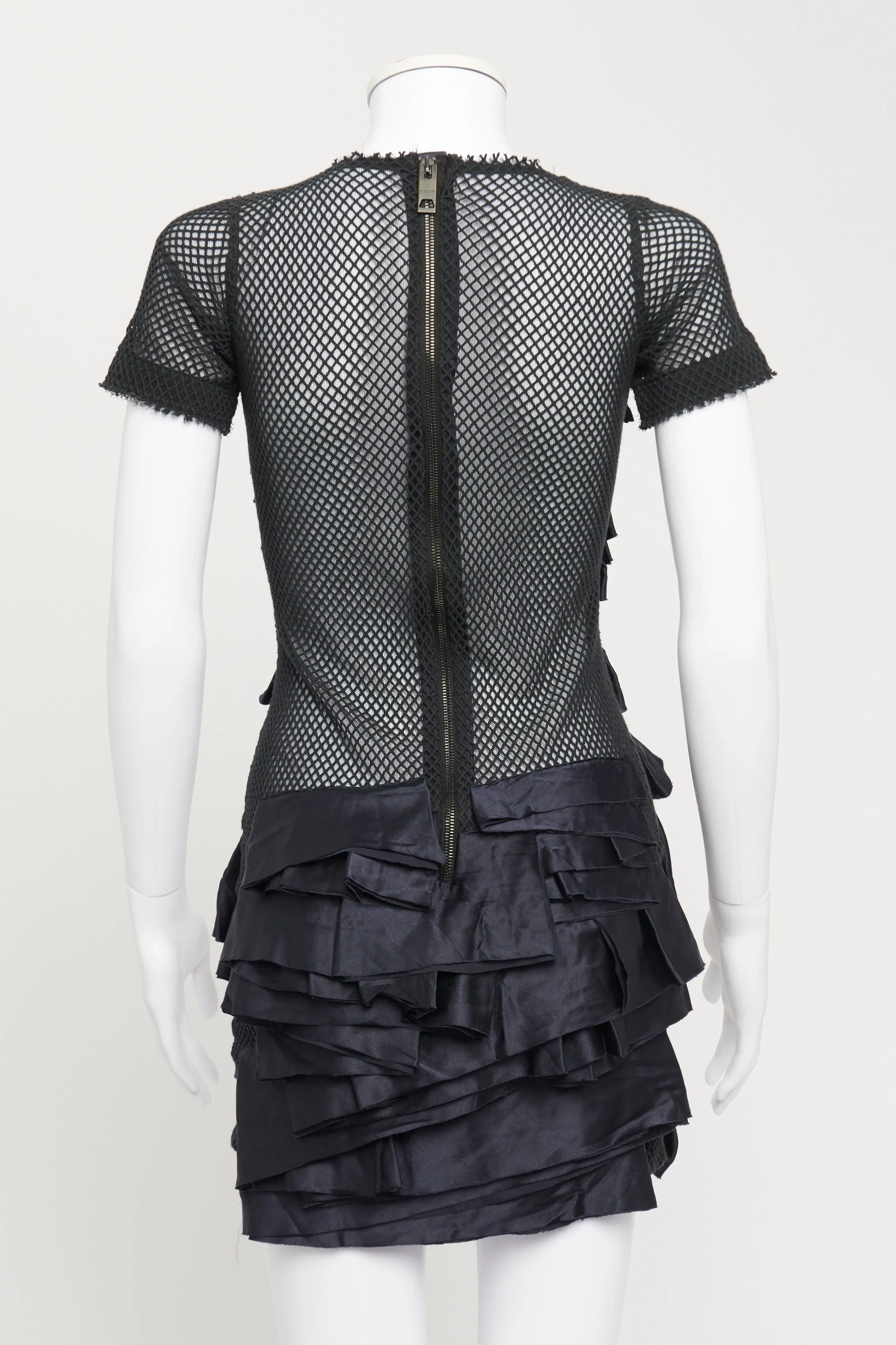 Black Fishnet Mini Dress with Navy Satin Ruffled Detailing