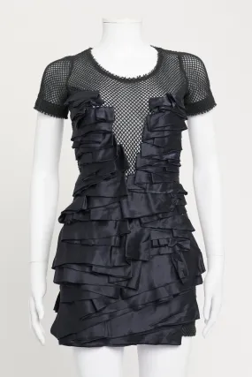 Black Fishnet Mini Dress with Navy Satin Ruffled Detailing