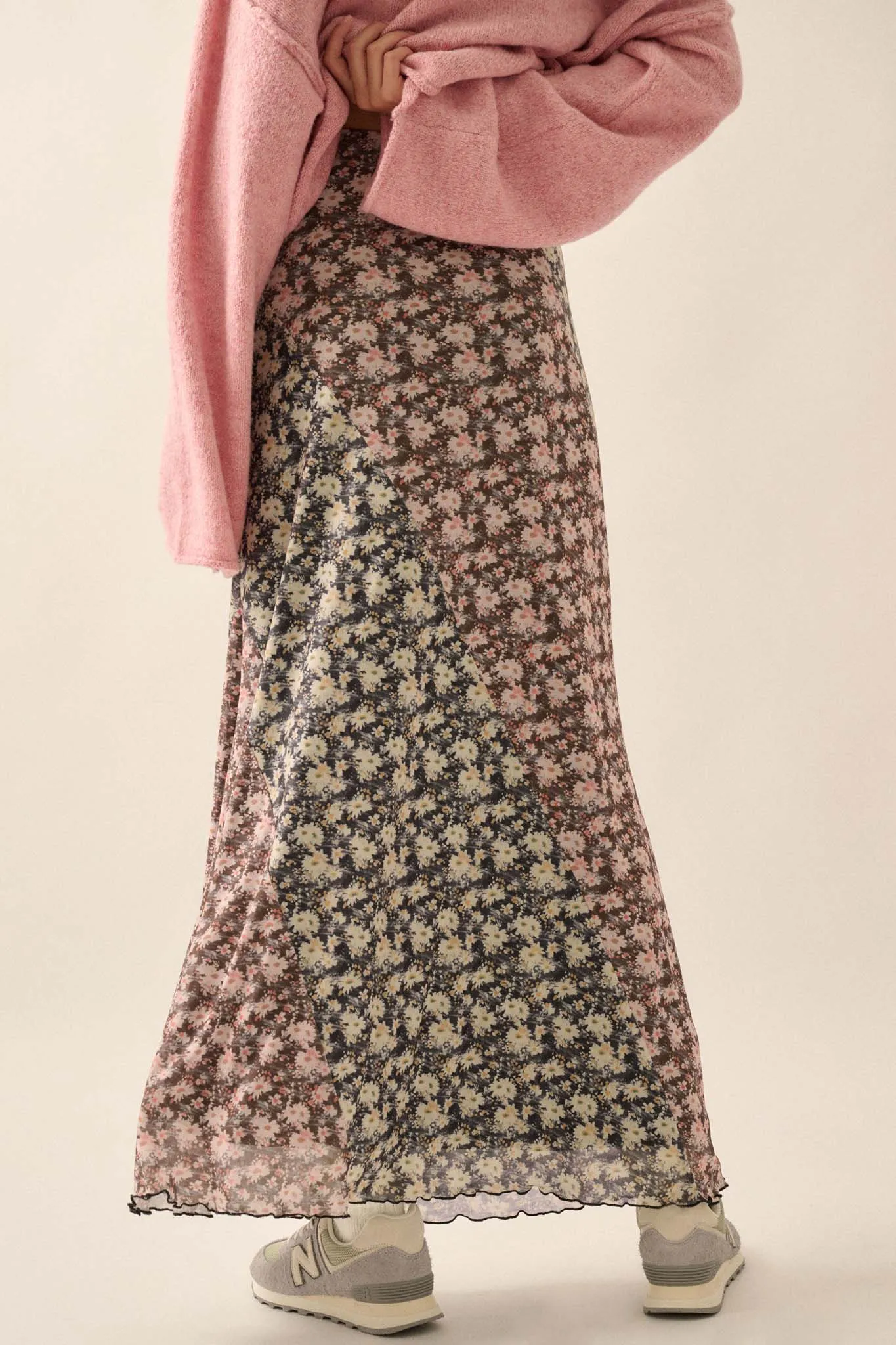 Blooming Up Paneled Floral Mesh Maxi Skirt