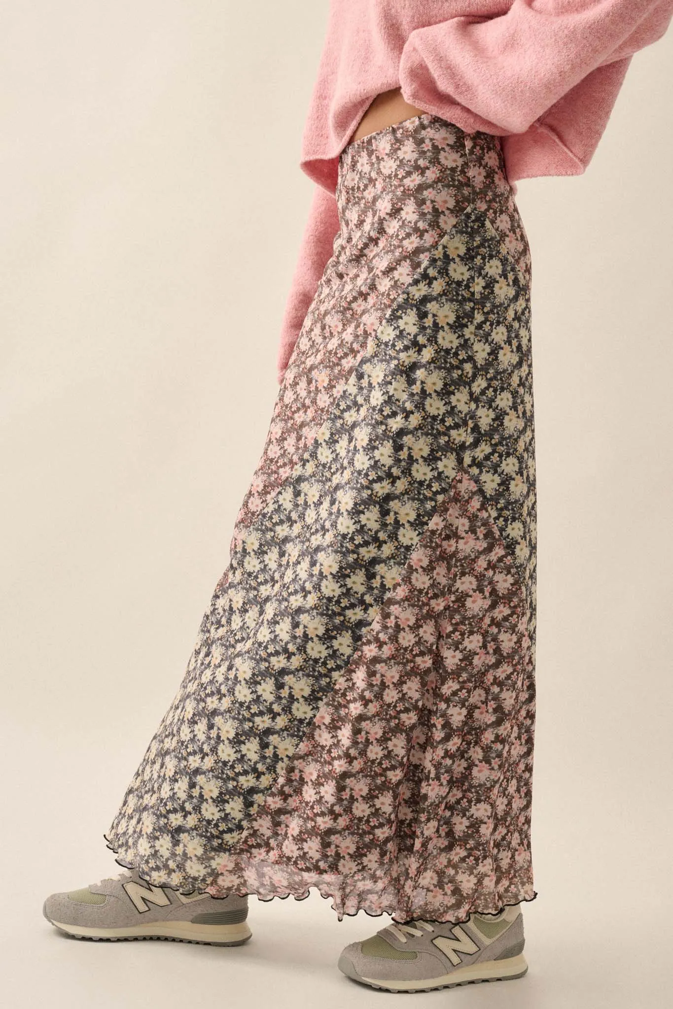 Blooming Up Paneled Floral Mesh Maxi Skirt