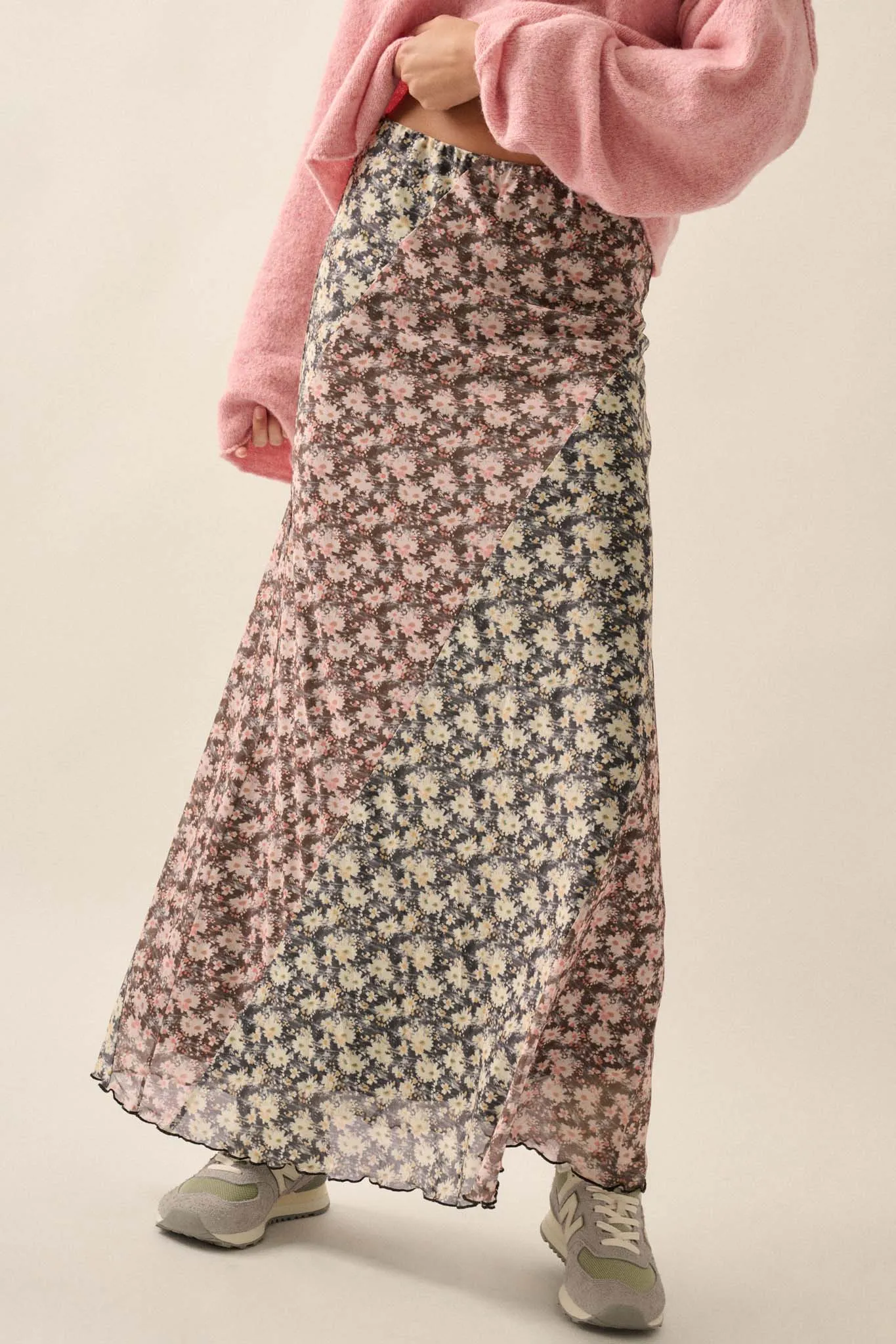 Blooming Up Paneled Floral Mesh Maxi Skirt