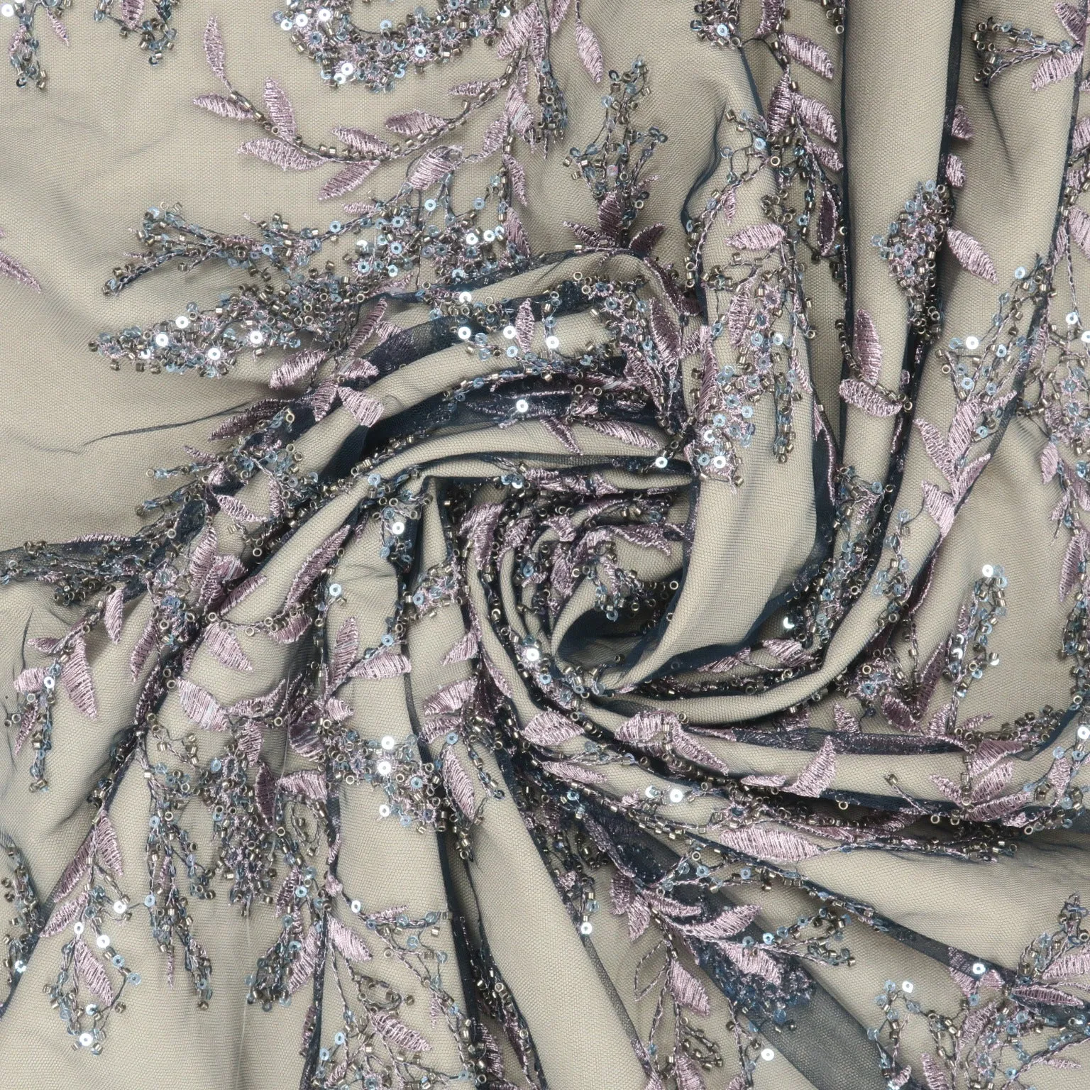 Blue and Lilac Beaded and Sequined Abstract Embroidered Tulle Fabric