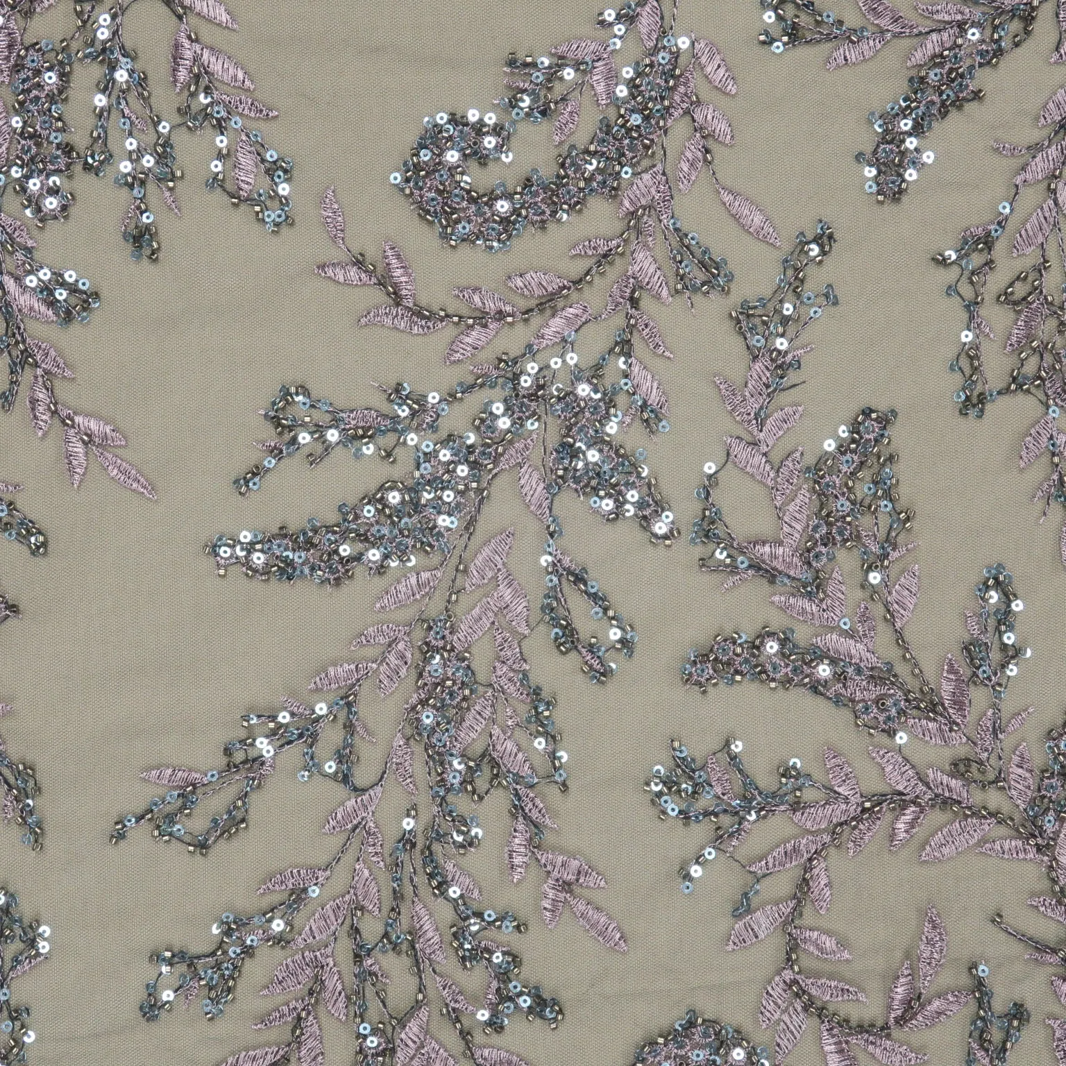 Blue and Lilac Beaded and Sequined Abstract Embroidered Tulle Fabric