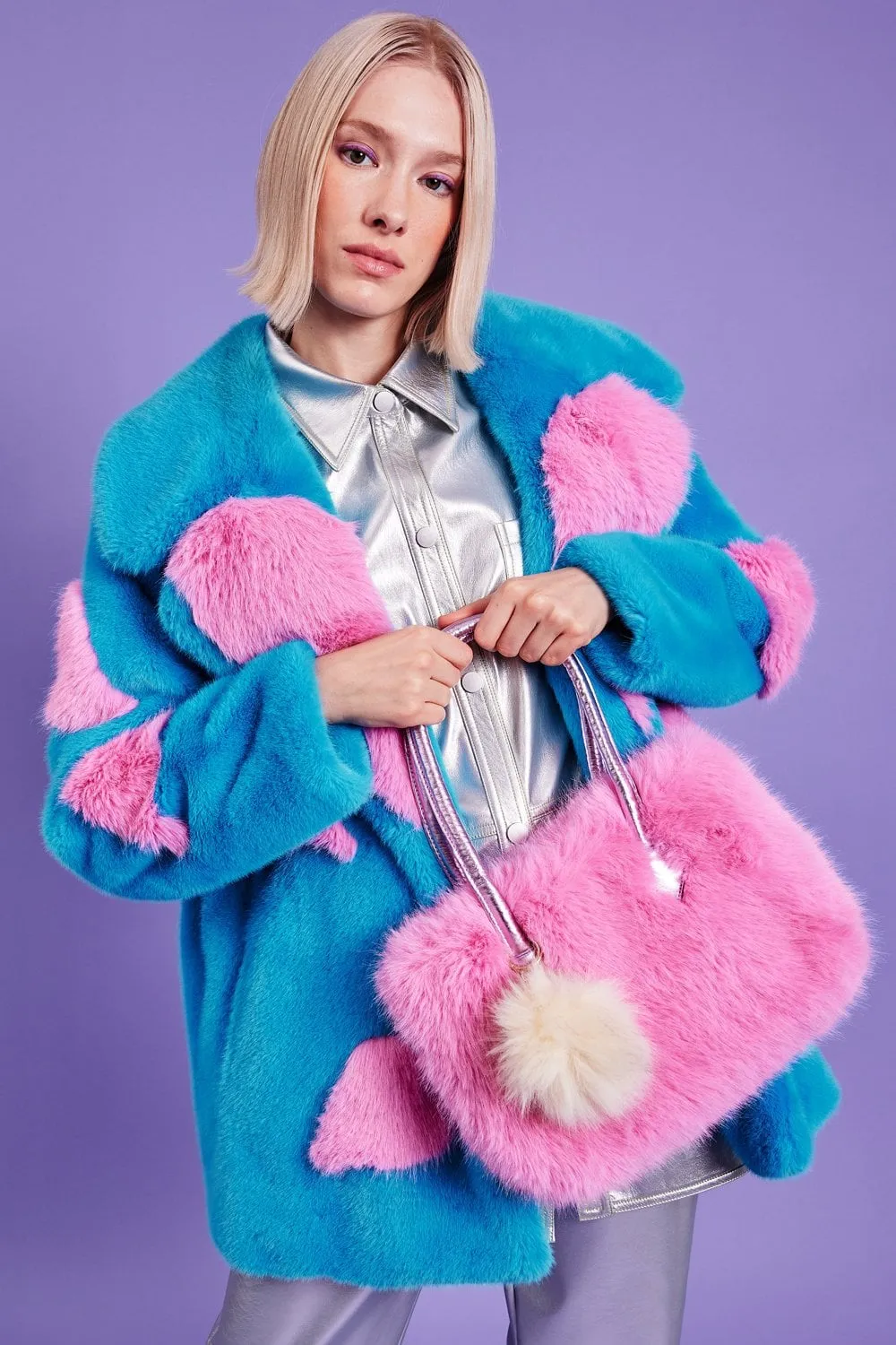 Blue Eco Bamboo Faux Fur Coat with Love Heart Detailing