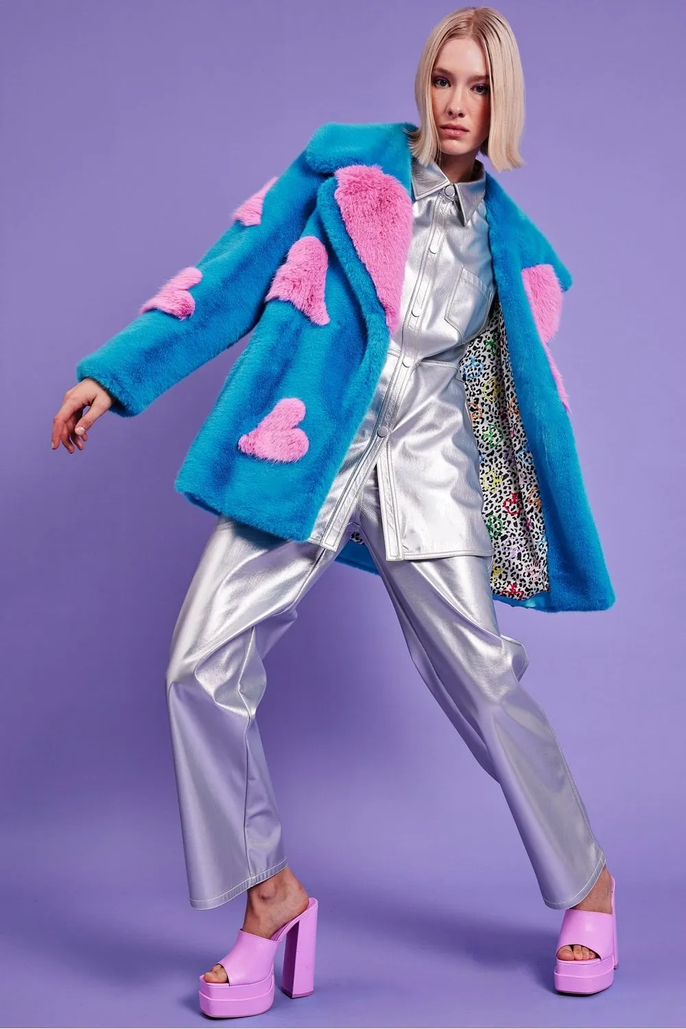 Blue Eco Bamboo Faux Fur Coat with Love Heart Detailing