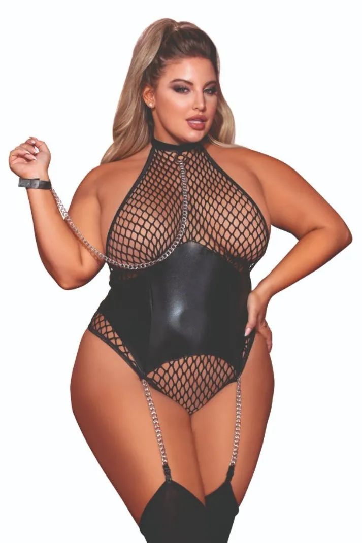 Bold Plus Size Fetish Teddy with Chain Leash