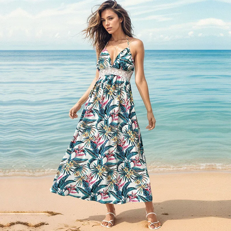 Botanical Print Halter Holiday Dress Wholesale Womens Clothing N3824041600009