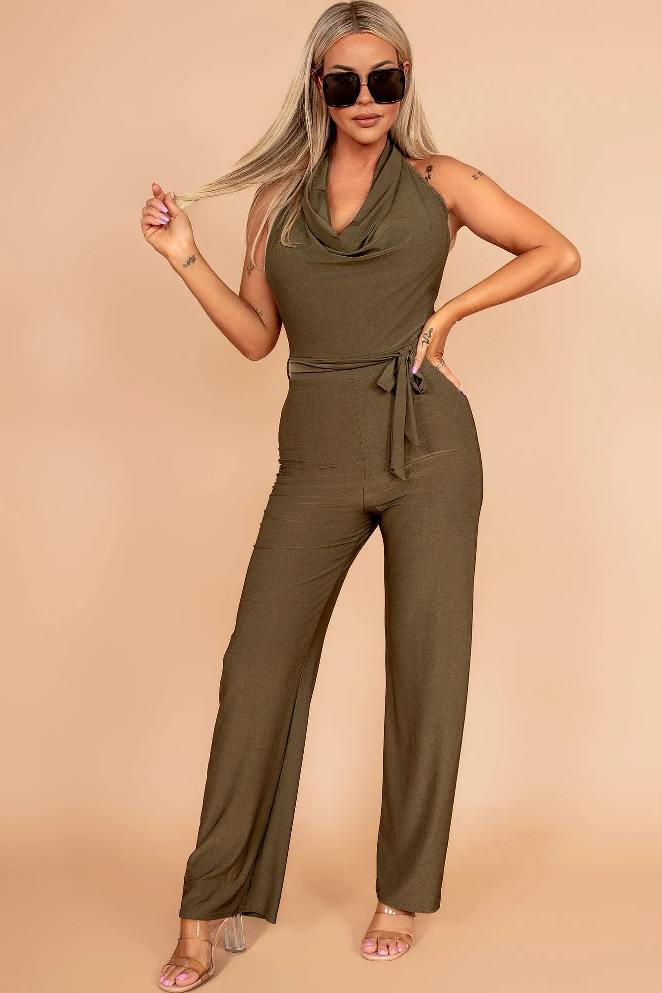 Briana Khaki Cowl Neck Jumpsuit