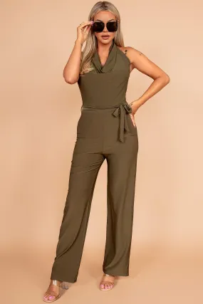 Briana Khaki Cowl Neck Jumpsuit