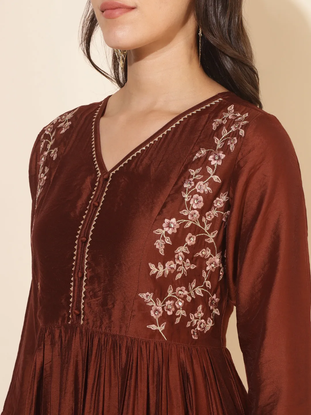 Brown Chanderi Embellished Kurta Palazzo Set