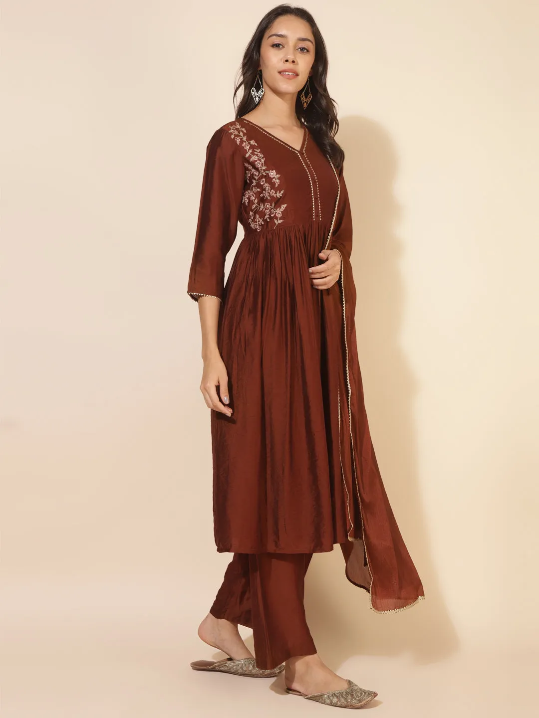 Brown Chanderi Embellished Kurta Palazzo Set