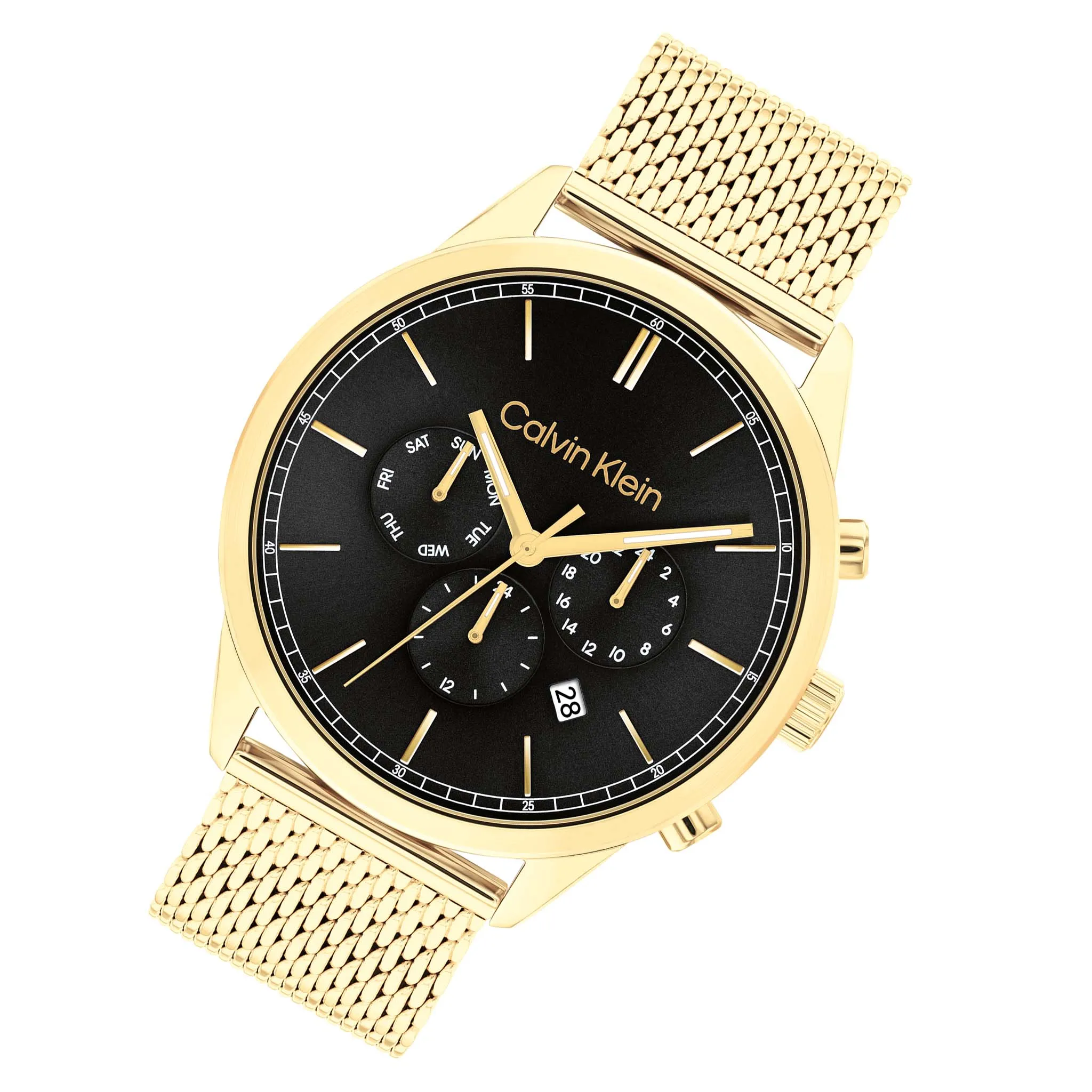 Calvin Klein Gold Steel Mesh Black Dial Multi-function Men's Watch - 25200375