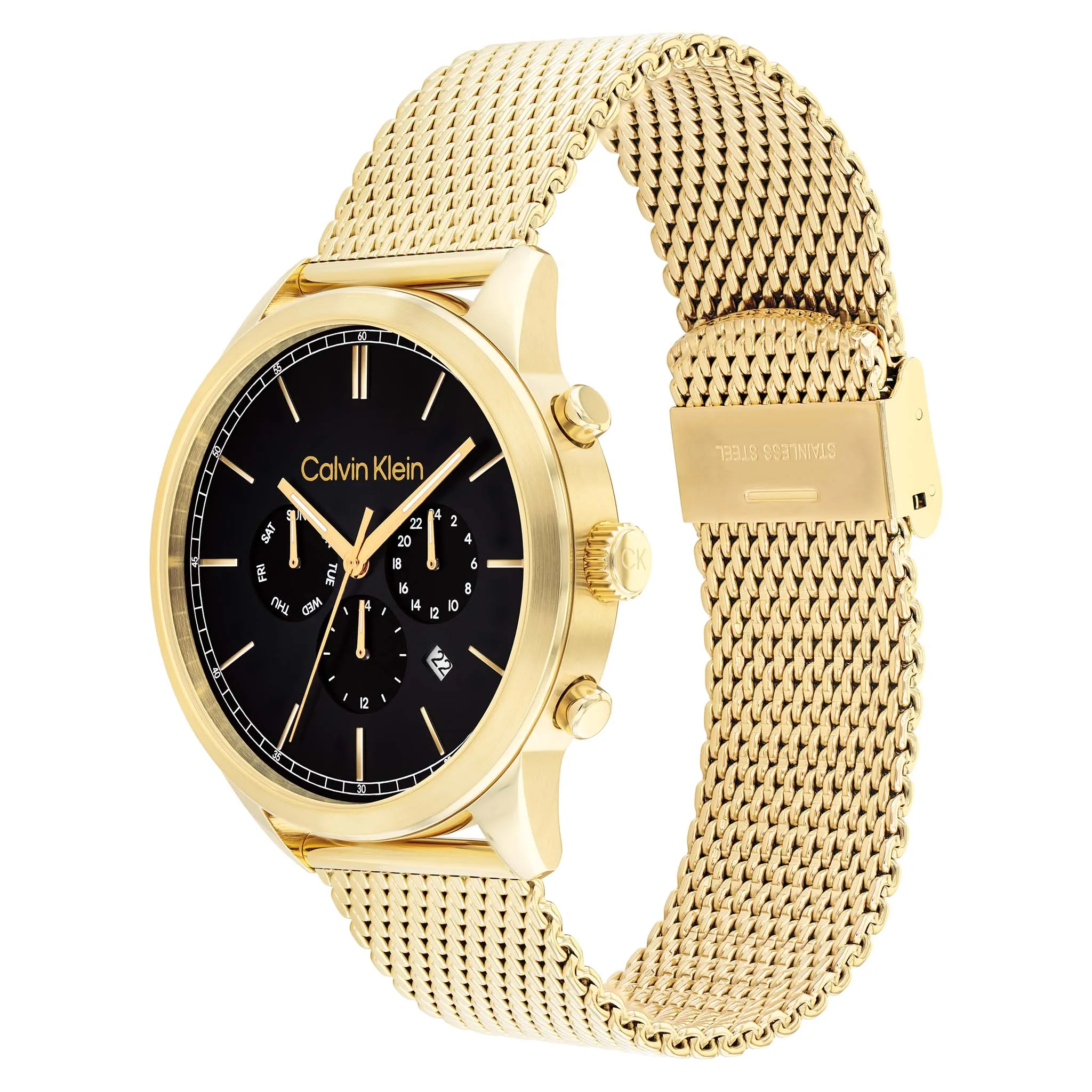 Calvin Klein Gold Steel Mesh Black Dial Multi-function Men's Watch - 25200375